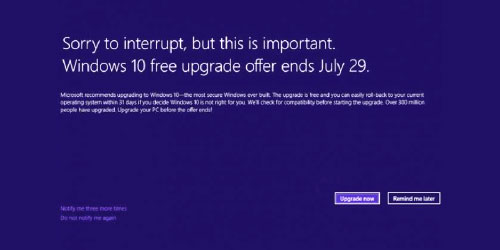 Notificação para instalar o Windows 10 agora vai aparecer em tela cheia 